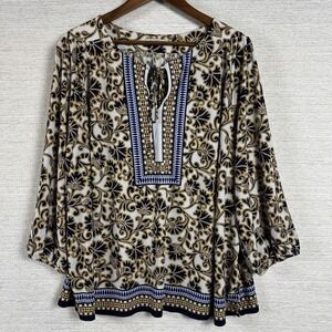 Roz & Ali 2X Aztec Geometric Blouse Floral Paisley Navy Gold Preppy Career Top
